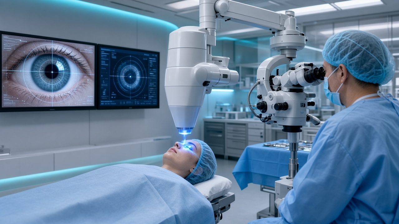 Modern cataract surgery operating theatre with laser system